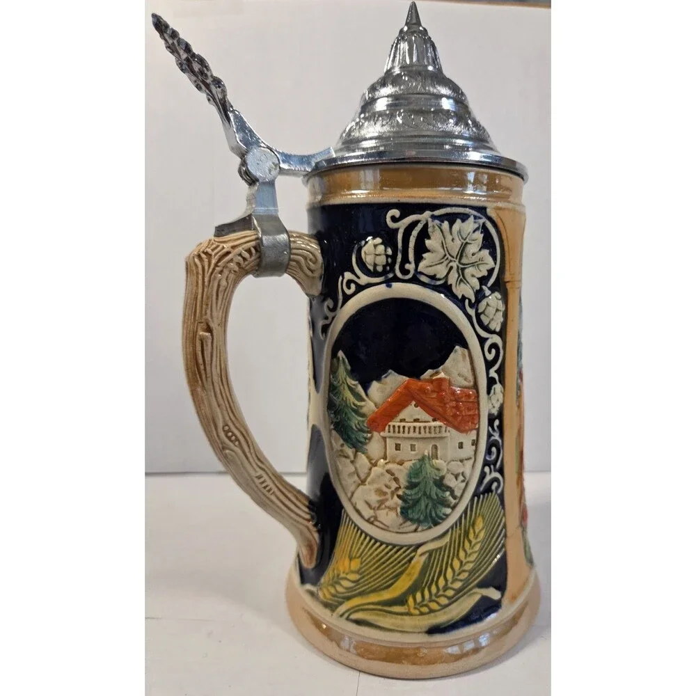 Vintage German Beer Stein Lidded Made‎ in West Germany Pewter Lid Alpine Scene